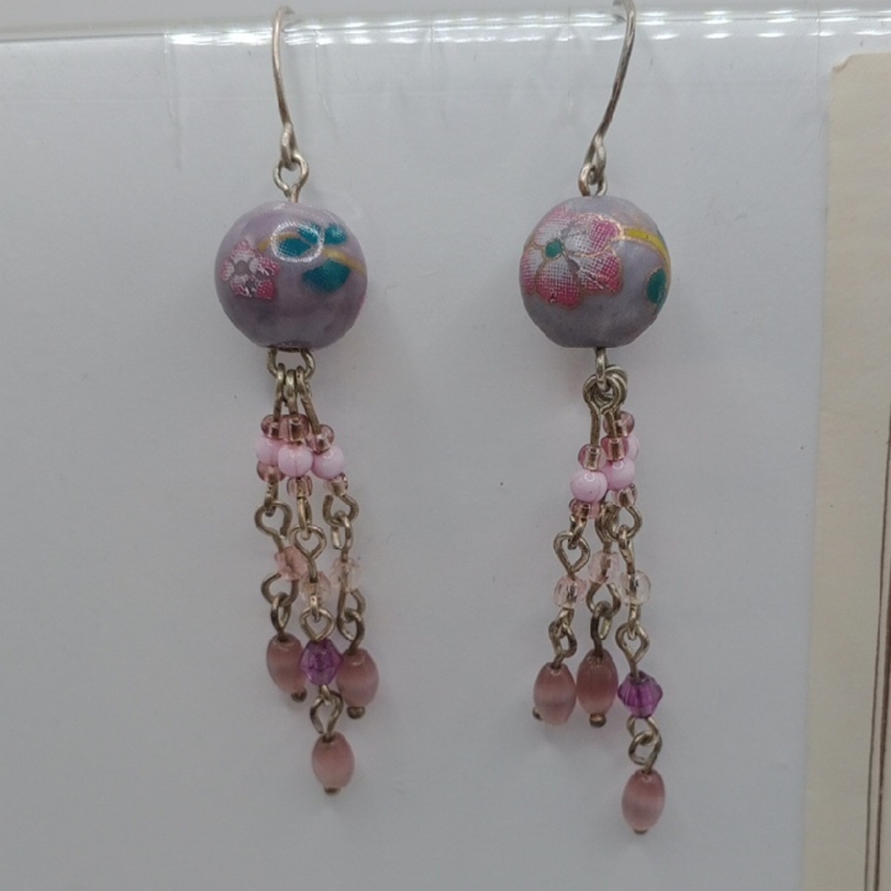 Vintage China Purple and Pink Cluster Bead Earrings